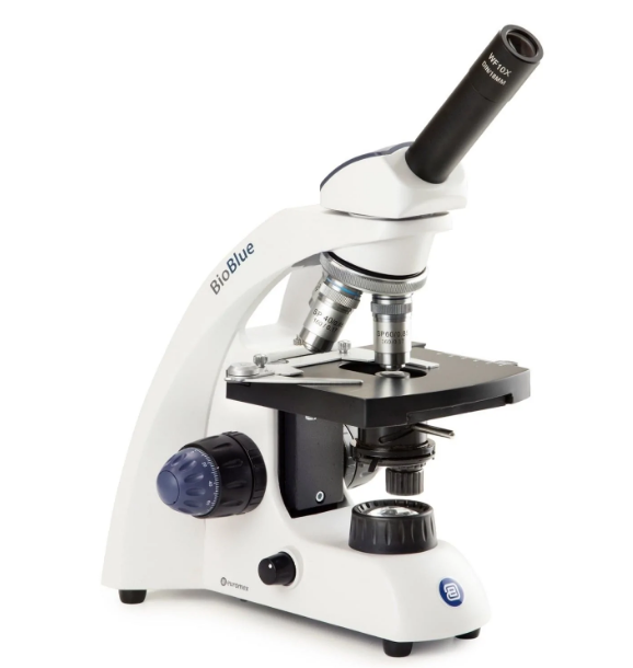 Microscopio compuesto portátil monocular BioBlue con objetivo accionado por resorte y platina mecánica XY BB.4240