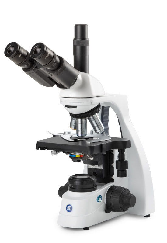 Microscopio trinocular bScope con oculares HWF 10x/20 mm y revólver quíntuple con objetivos planos PLi de 4/10/S40/S100x de inmersión en aceite corregidos a infinito IOS Iluminación Köhler NeoLED BS.1153-PLi