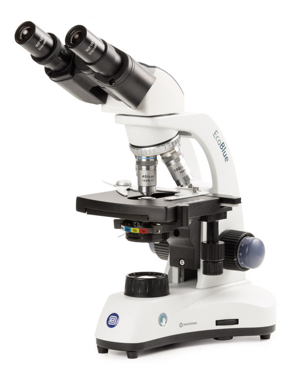 Microscopio binocular EcoBlue con objetivos acromáticos de 4/10/S40/S100x de inmersión en aceite, iluminación inalámbrica NeoLED™ de 1 W y platina mecánica X-Y EC.1152