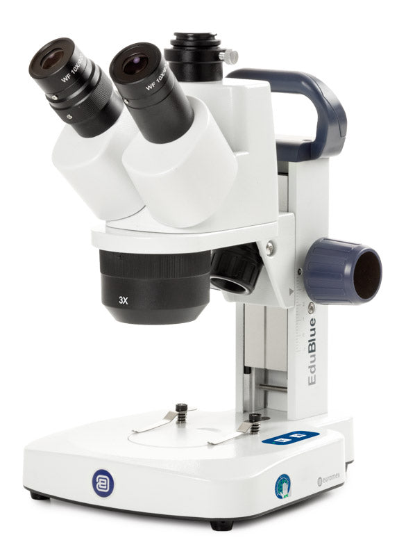 Estereomicroscopio trinocular EduBlue con objetivo giratorio de 1x/3x (aumentos de 10x/30x), soporte de cremallera e iluminación inalámbrica LED incidental y transmitida ED.1303-S