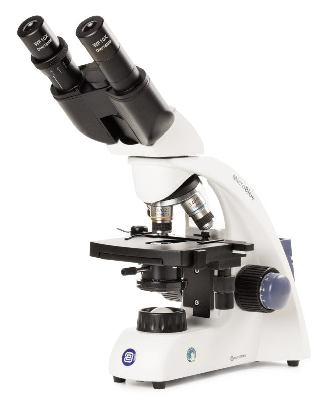 Microscopio binocular MicroBlue con objetivos acromáticos DIN de 35 mm de 4/10/S40x, platina mecánica e iluminación LED MB.1052
