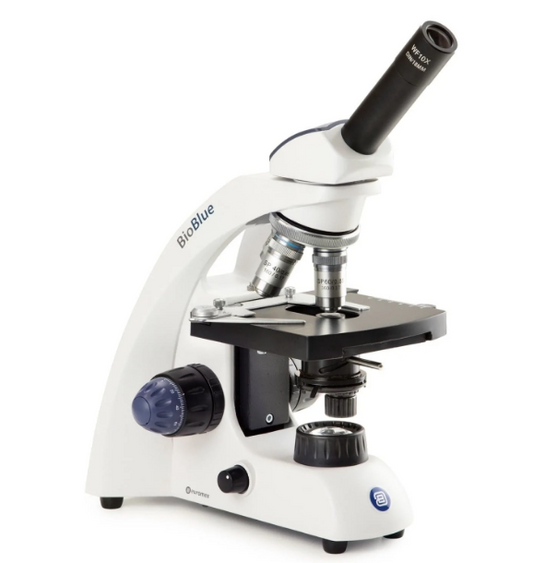 Microscopio compuesto portátil monocular BioBlue con objetivo accionado por resorte y platina mecánica XY BB.4240