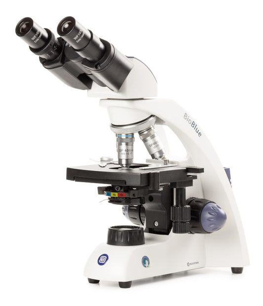 Microscopio binocular BioBlue con objetivos SMP de 4/10/S40/S60x, platina mecánica e iluminación inalámbrica NeoLED™ de 1 W BB.4263