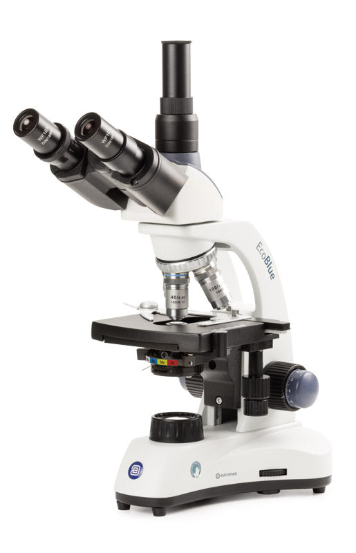 Microscopio trinocular EcoBlue con objetivos acromáticos de 4/10/S40x, iluminación inalámbrica LED de 1 W y platina mecánica X-Y EC.1053