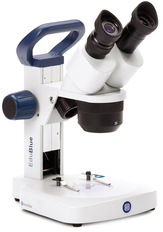 Estereomicroscopio binocular EduBlue con objetivo giratorio de 2x/4x (aumentos de 20x/40x), soporte de cremallera e iluminación inalámbrica LED incidental y transmitida ED.1402-S