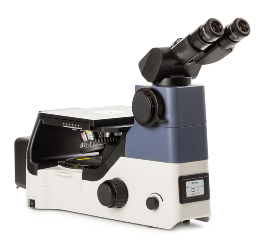 Microscopio Invertido Binocular para Ciencia de Materiales Achios-X Modelo AI.1058-PLMi cabezal basculante Ergo de 5° a 35°. Incluye oculares SWF 10x/22 mm, Plan PLi 5/10/10x y Plan Apo PL-AMi 50x. Objetivos IOS de campo claro y campo oscuro