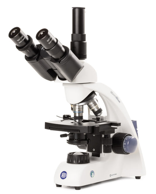 MicroBlue trinocular microscope with achromatic 4/10/S40/S100x oil DIN 35 mm objectives, mechanical stage and LED illumination MB.1152