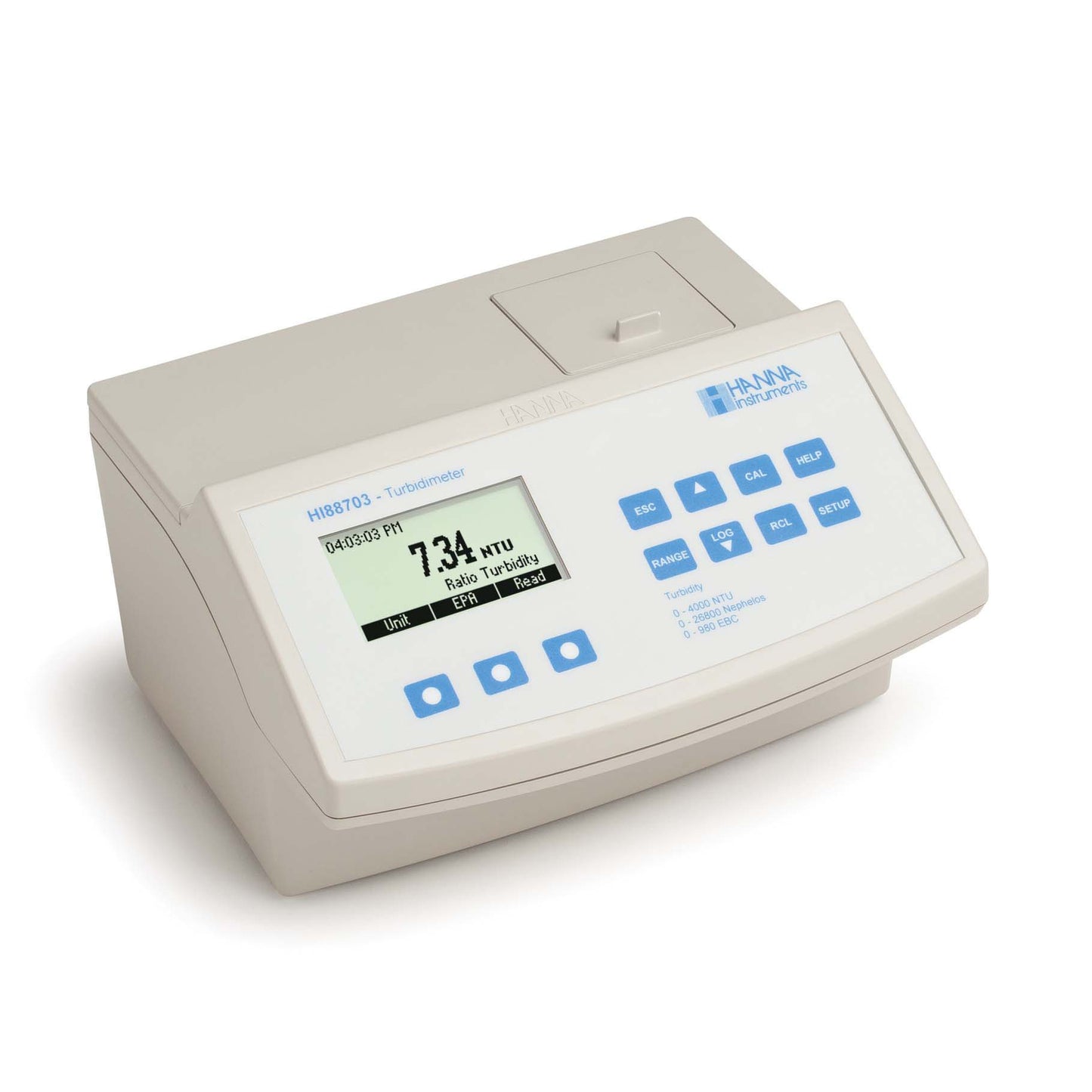 Turbidímetro de Banco con Cumplimiento ISO intervalos: Modo FNU: 0.00 a 9.99; 10.0 a 99.9; 100 a 1000 FNU, 115V, Modelo HI88713-01 Hanna Instruments